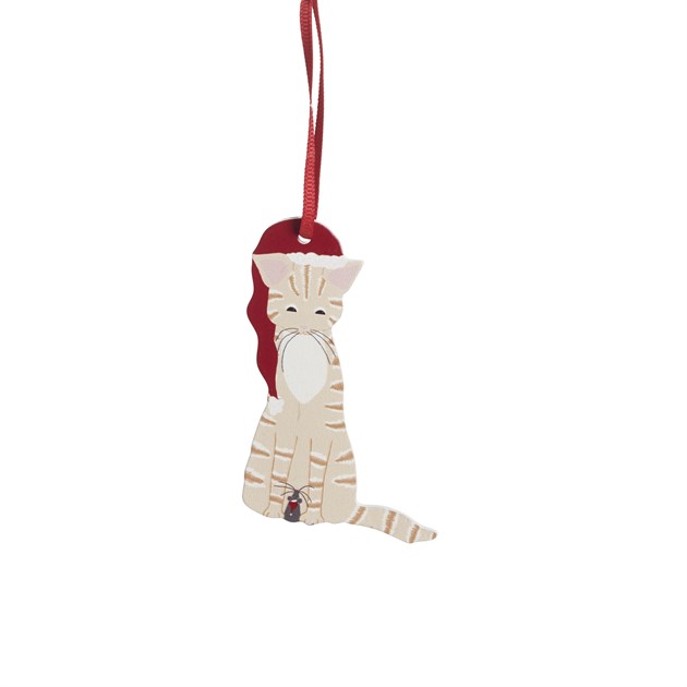 Hängande Julkatt i trä orange, H.8cm